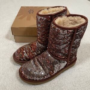 Ugg Classic Short‎ Sequin Sparkle Boots Warm Autumn Brown Sheepskin Lining 7